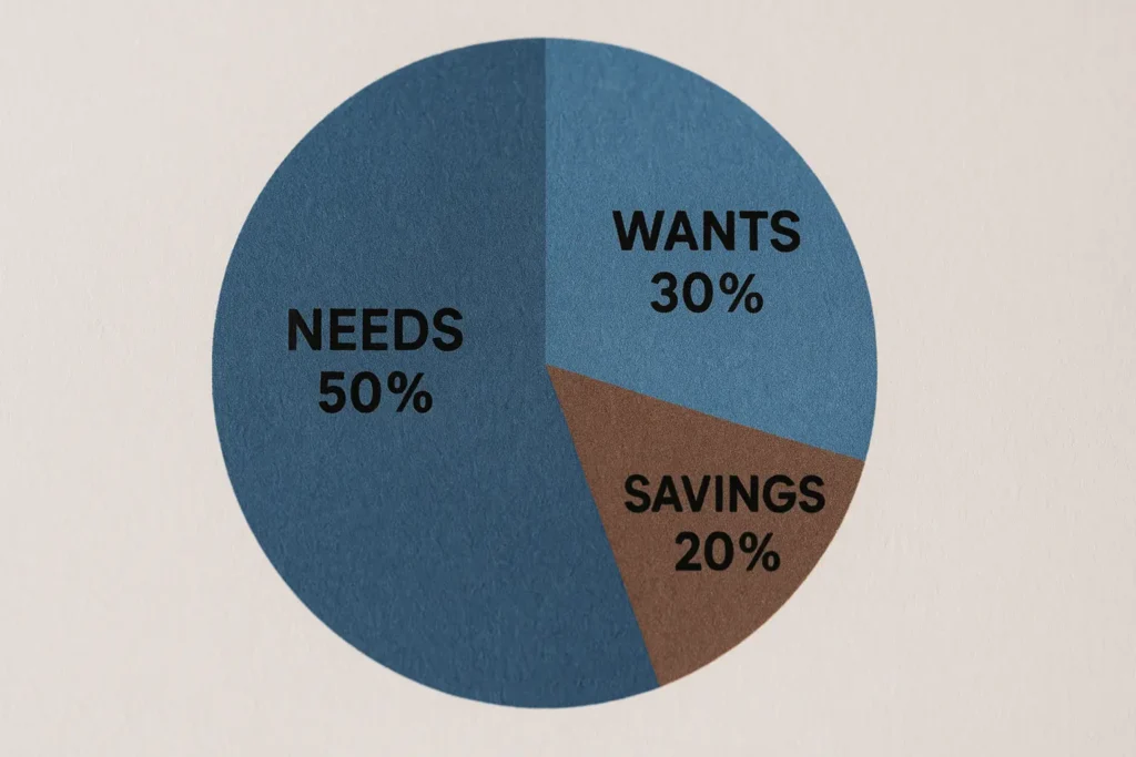 Pie chart showing 50% Needs, 30% Wants, 20% Savings